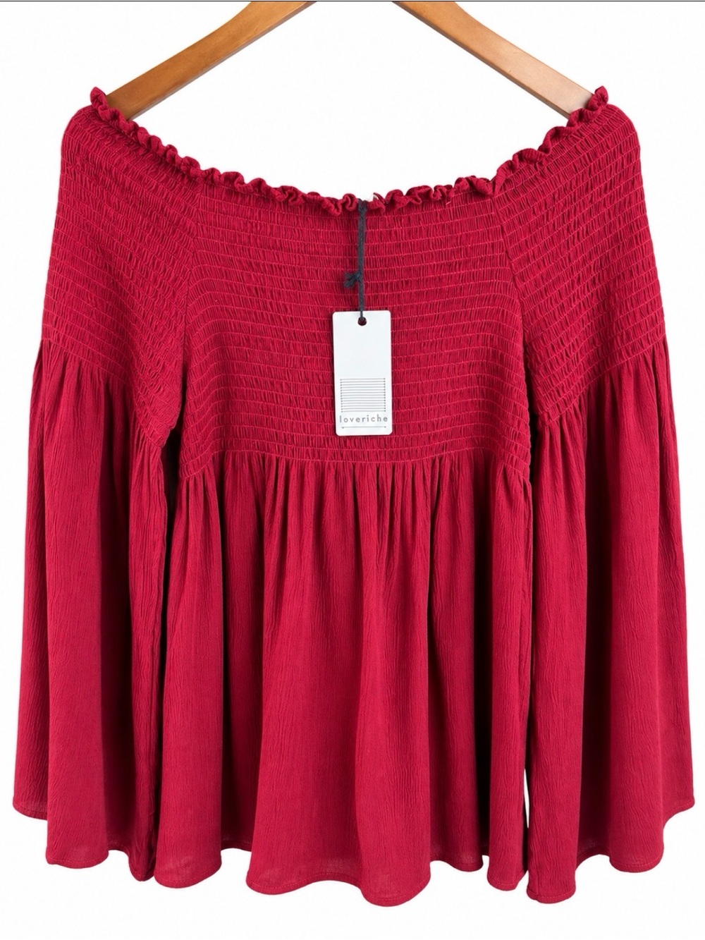 LoveRiche Wine Off Shoulder Smocked Bell Sleeve Top Size L